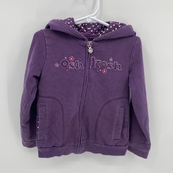 Oshkosh Girls Purple Full Zip Hoodie Sweatshirt size 4 Cozy Floral Polka Dot - Picture 1 of 5